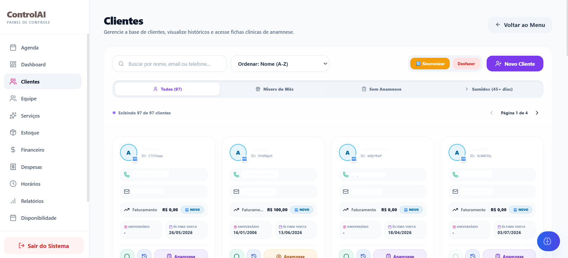 Cadastro inteligente de clientes e histórico completo de atendimentos no ControlAI