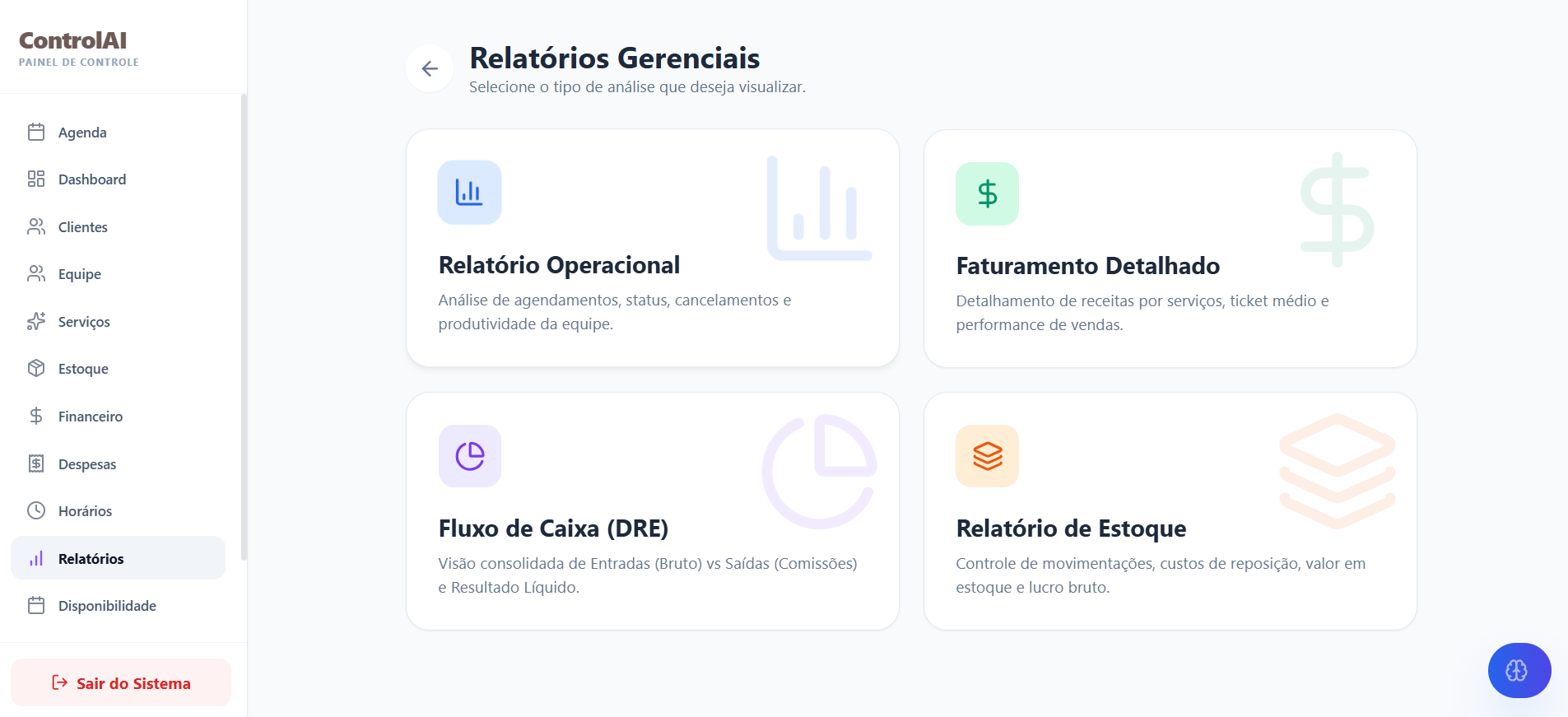 Relatórios gerenciais consolidados de faturamento e produtividade no ControlAI