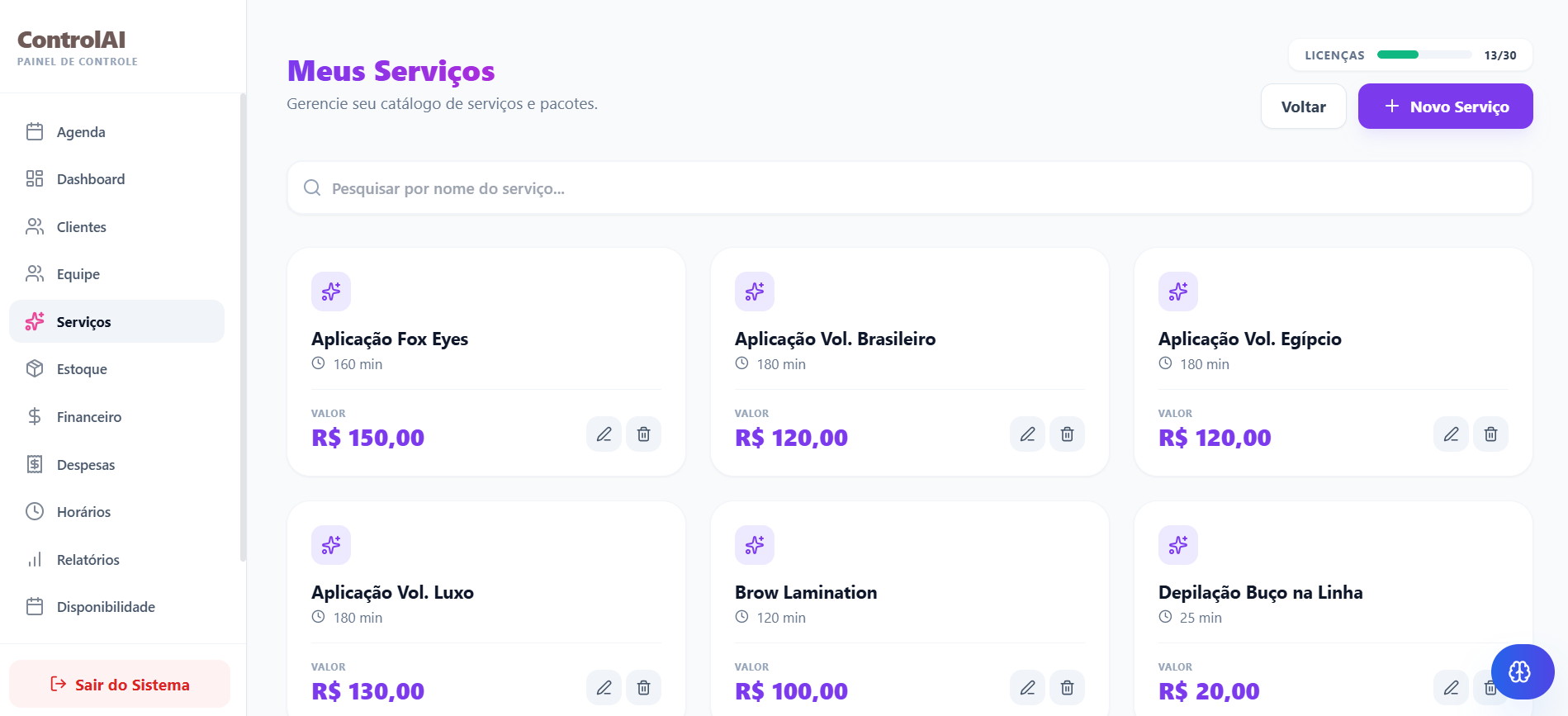 Controle de procedimentos, duração de serviços e controle de comissão no ControlAI